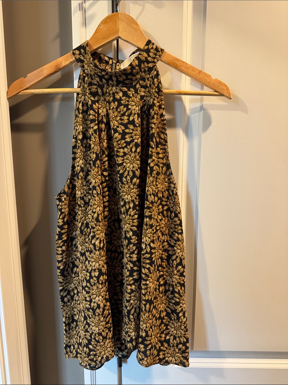 Michael Kors Sleeveless Black and Gold Floral Halter Top